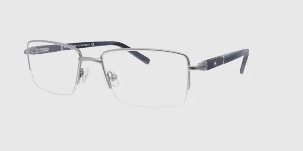 "Tommy Hilfiger gunmetal rectangular eyeglasses, offering a sleek and modern design with a durable frame, ideal for men seeking a stylish and versatile look."