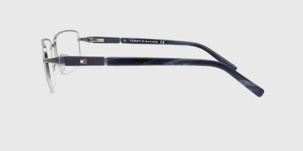 "Tommy Hilfiger gunmetal rectangular eyeglasses, offering a sleek and modern design with a durable frame, ideal for men seeking a stylish and versatile look."