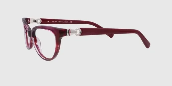 : "Tommy Hilfiger eyeglasses with stylish burgundy frames, offering a trendy and durable design perfect for everyday wear."