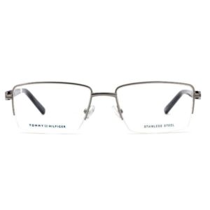 "Tommy Hilfiger gunmetal rectangular eyeglasses, offering a sleek and modern design with a durable frame, ideal for men seeking a stylish and versatile look."